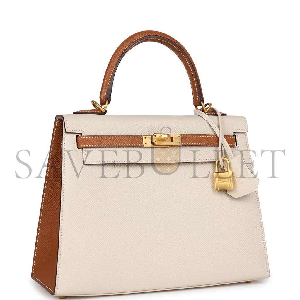 HERMÈS KELLY SELLIER 25 CRAIE AND GOLD EPSOM BRUSHED GOLD HARDWARE (25*17*7cm) 